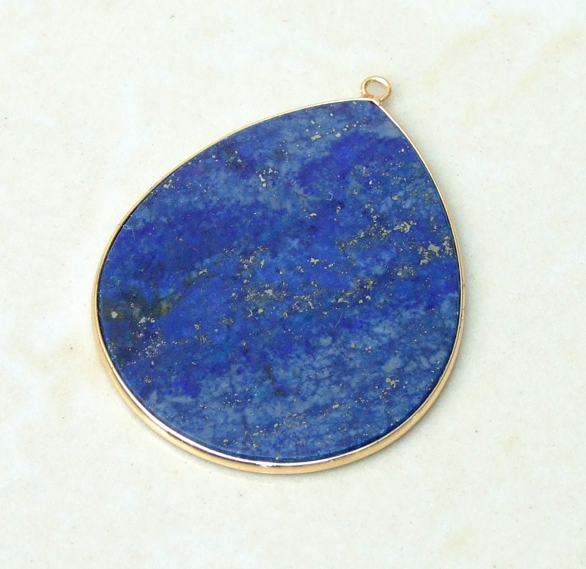 Lapis Pendant, Gemstone Pendant, Slice Pendant, Gold Plated Bezel and Bail, Teardrop Pendant, Thin, Polished, Necklace - 32mm x 38mm - EDGBeadsandGems