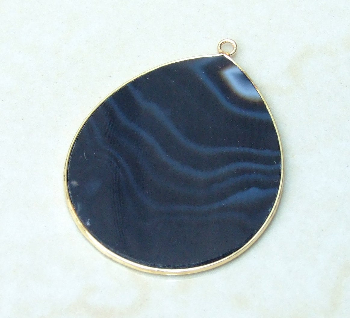 Black Striped Agate Pendant, Gemstone Pendant, Banded Agate, Thin Agate Slice Pendant, Polished Agate, Teardrop, Gold Bezel, 32mm x 38mm - EDGBeadsandGems