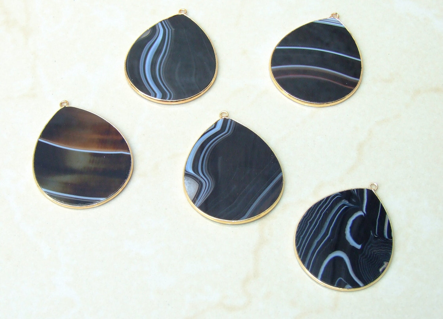 Black Striped Agate Pendant, Gemstone Pendant, Banded Agate, Thin Agate Slice Pendant, Polished Agate, Teardrop, Gold Bezel, 32mm x 38mm - EDGBeadsandGems