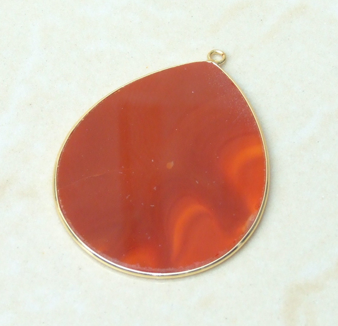 Carnelian Pendant, Gemstone Pendant, Slice Pendant, Gold Plated Bezel and Bail, Teardrop Pendant, Thin and Polished - 32mm x 38mm - EDGBeadsandGems