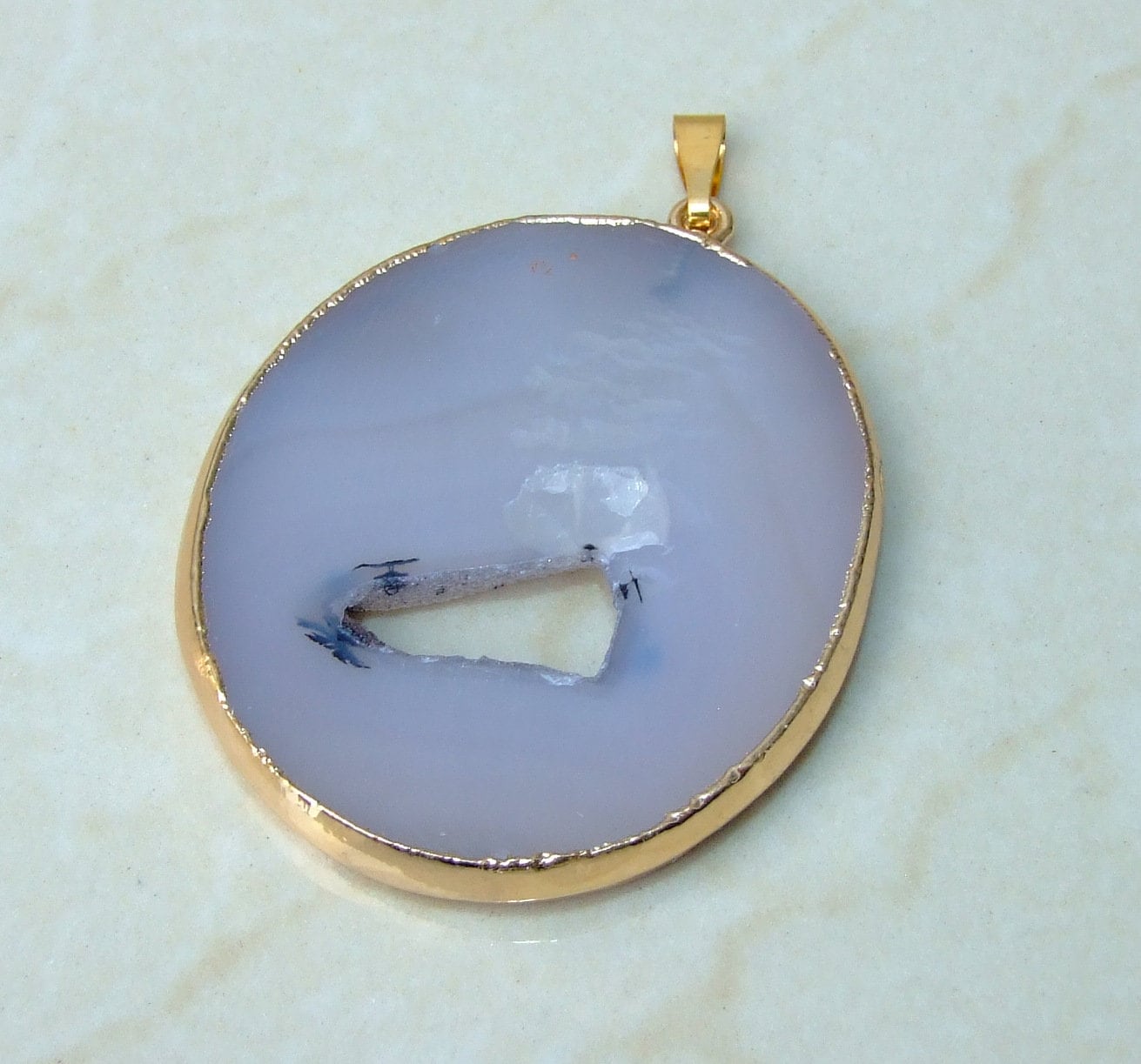 Large Natural Agate Druzy Pendant, Gemstone Pendant, Gold Plated Edge, Agate Slice Pendant, Jewelry Stone Pendant, BOHO - 47mm x 55mm - 6901 - EDGBeadsandGems