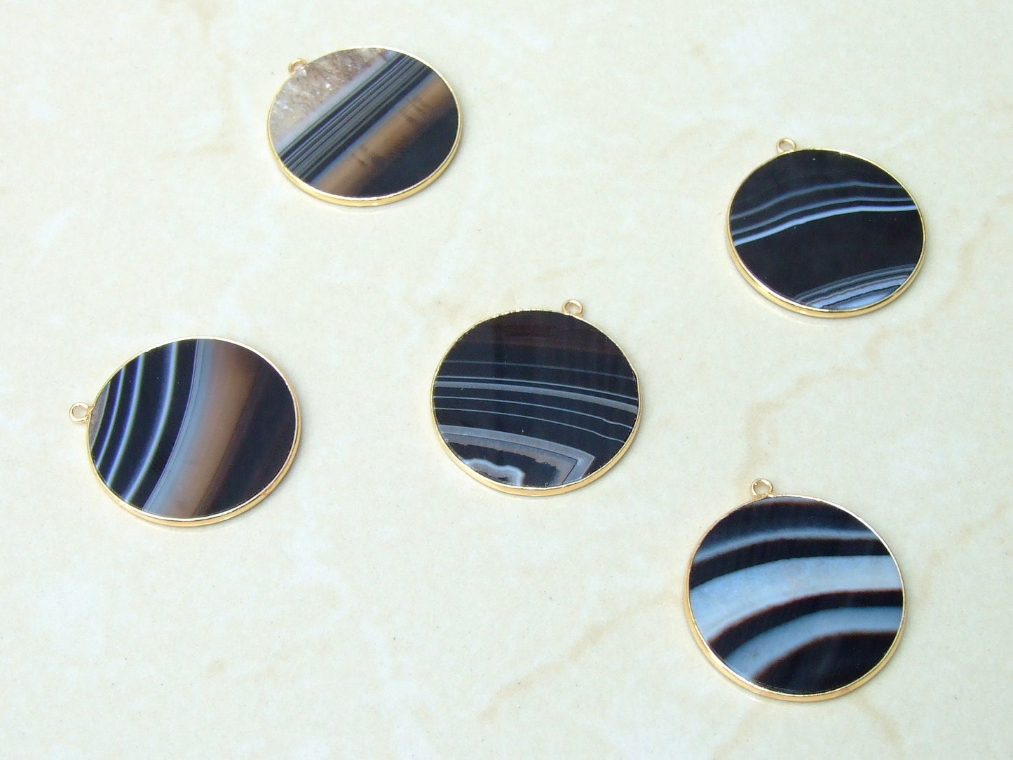 Jet Black Striped Agate Pendant, Gemstone Pendant, Thin, Slice Pendant, Polished, Round, Gold Bezel, Jewelry Stones, Necklace Pendant, 30mm - EDGBeadsandGems