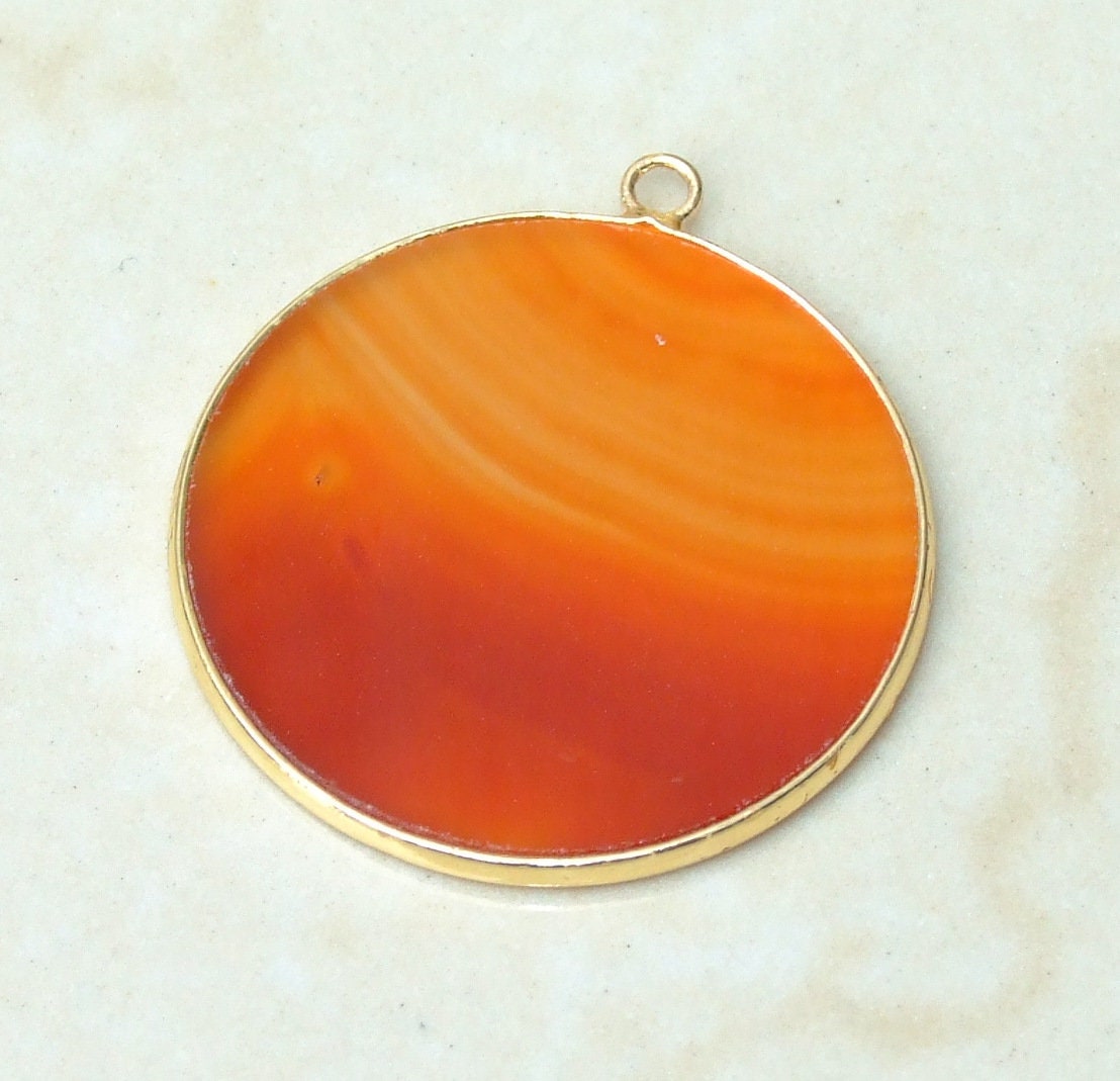 Carnelian Pendant, Gemstone Pendant, Thin, Slice Pendant, Polished, Round, Gold Bezel, Jewelry Stones, Necklace Pendant, 30mm - EDGBeadsandGems