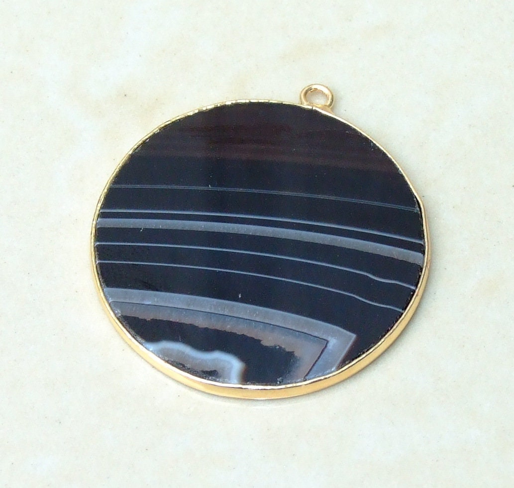 Jet Black Striped Agate Pendant, Gemstone Pendant, Thin, Slice Pendant, Polished, Round, Gold Bezel, Jewelry Stones, Necklace Pendant, 30mm - EDGBeadsandGems