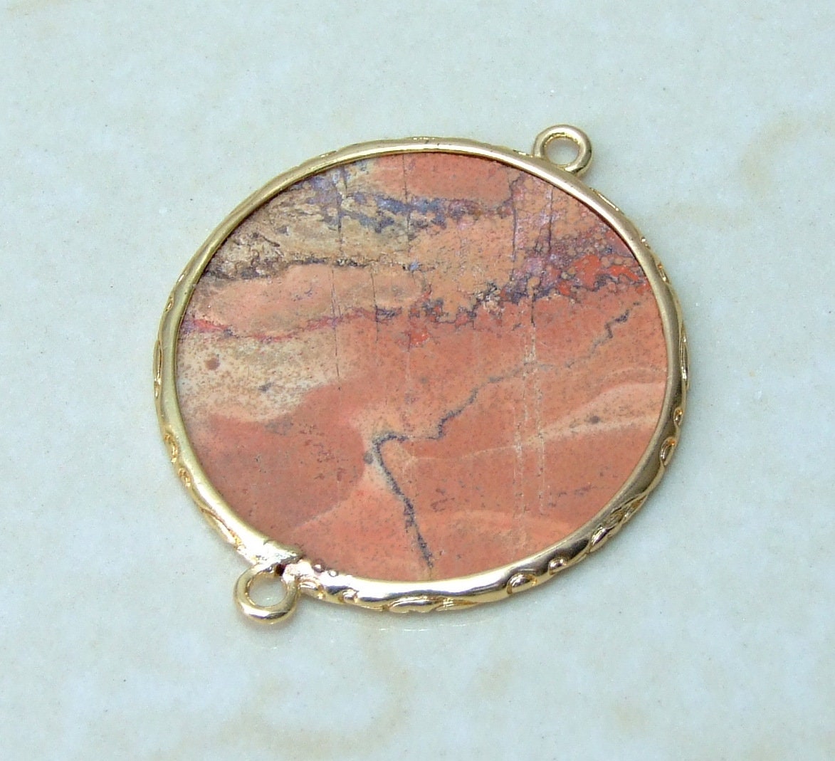Red Jasper Connector, Gemstone Pendant, Jasper Pendant, Thin Slice, Polished, Gold Filigree Bezel, Jewelry Stones - 32mm - 6991 - EDGBeadsandGems