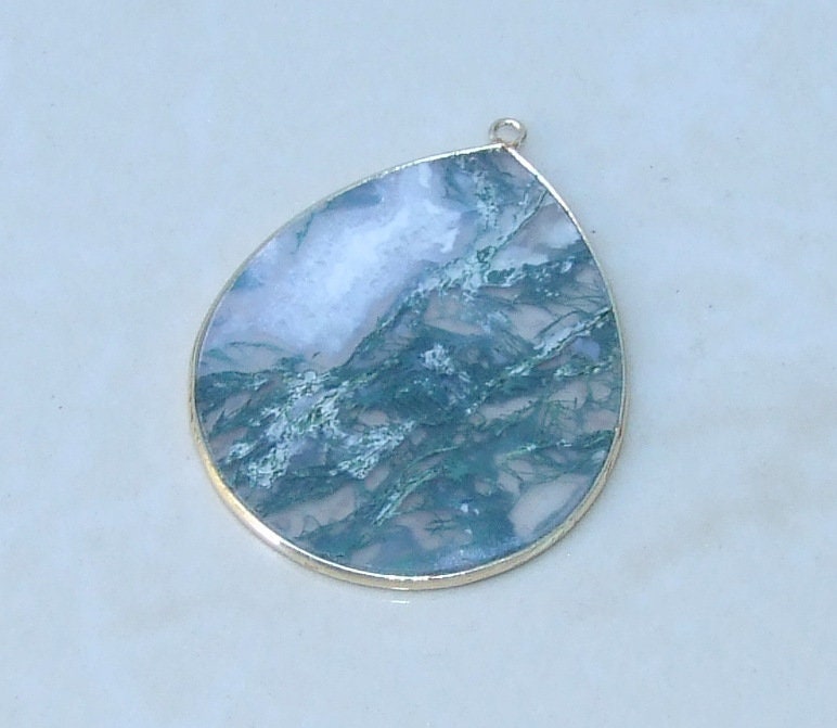 Moss Agate Pendant, Gemstone Pendant, Thin Polished Agate Slice, Teardrop, Gold Bezel, Jewelry Stones, Necklace Pendant, 30mm x 38mm - EDGBeadsandGems