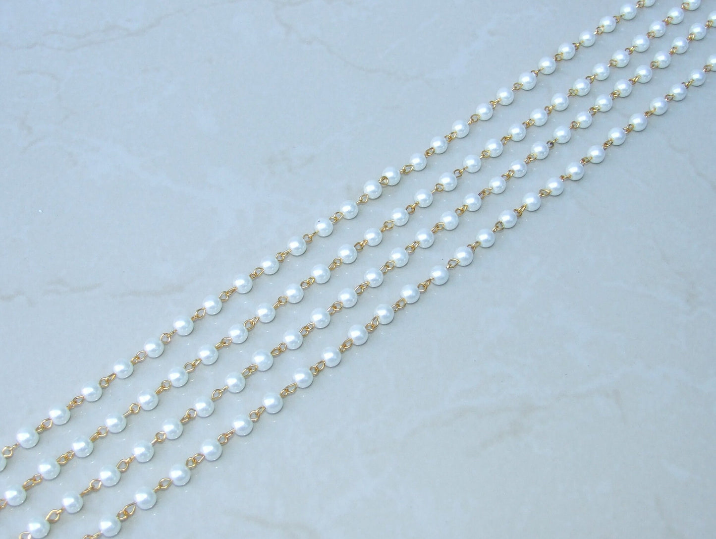 White Pearl Rosary Chain, 1 Meter, Bulk Chain, Round Glass Beads, Beaded Chain, Body Chain, Gold Chain, Necklace Chain, Belly Chain, 6mm, 02 - EDGBeadsandGems