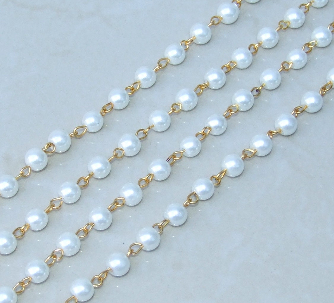 White Pearl Rosary Chain, 1 Meter, Bulk Chain, Round Glass Beads, Beaded Chain, Body Chain, Gold Chain, Necklace Chain, Belly Chain, 6mm, 02 - EDGBeadsandGems