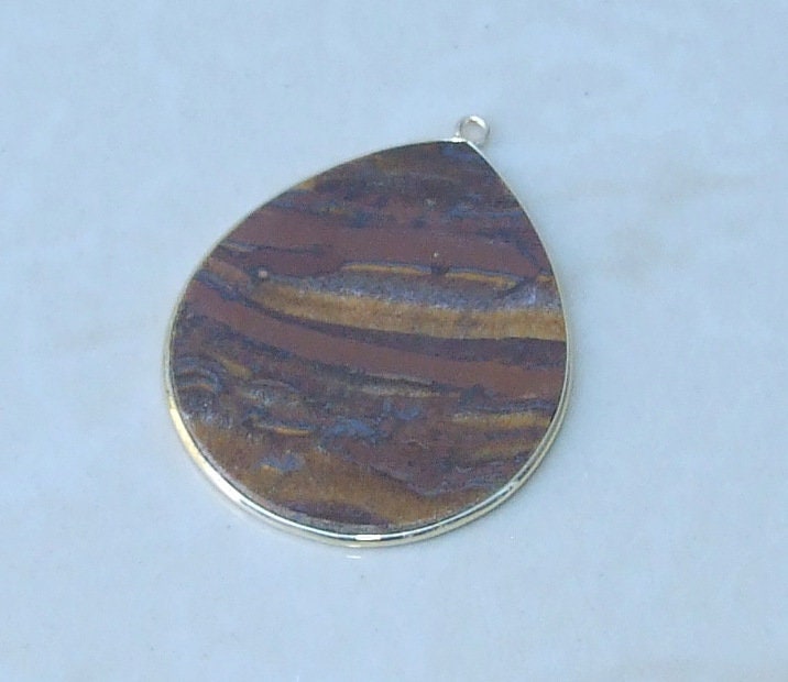 Tiger Eye Pendant, Gemstone Pendant, Thin Teardrop Slice Pendant, Polished Agate, Gold Bezel, Jewelry Stones, Necklace Pendant, 30mm x 38mm - EDGBeadsandGems