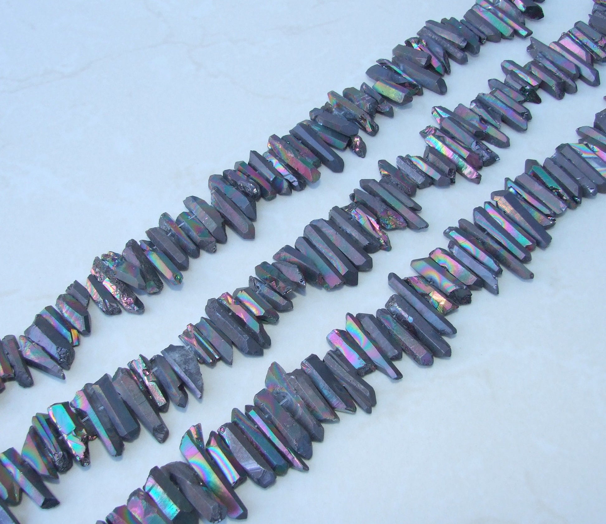 Black AB Titanium Quartz Cluster Point, Titanium Quartz Points Strand, Raw Quartz Points, Random Length, Quartz Points Strand, 15-30mm - EDGBeadsandGems
