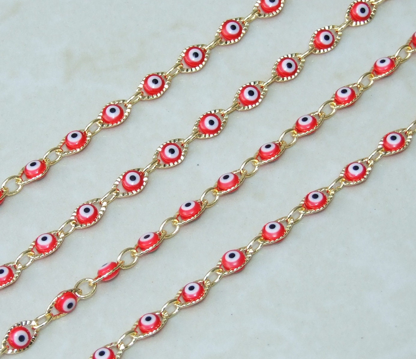 Red Glass Evil Eye Rosary Chain, Bulk Chain, Marquee Bead, Beaded Chain, Body Chain Jewelry, Gold Chain, Necklace Chain, Belly Chain - EDGBeadsandGems