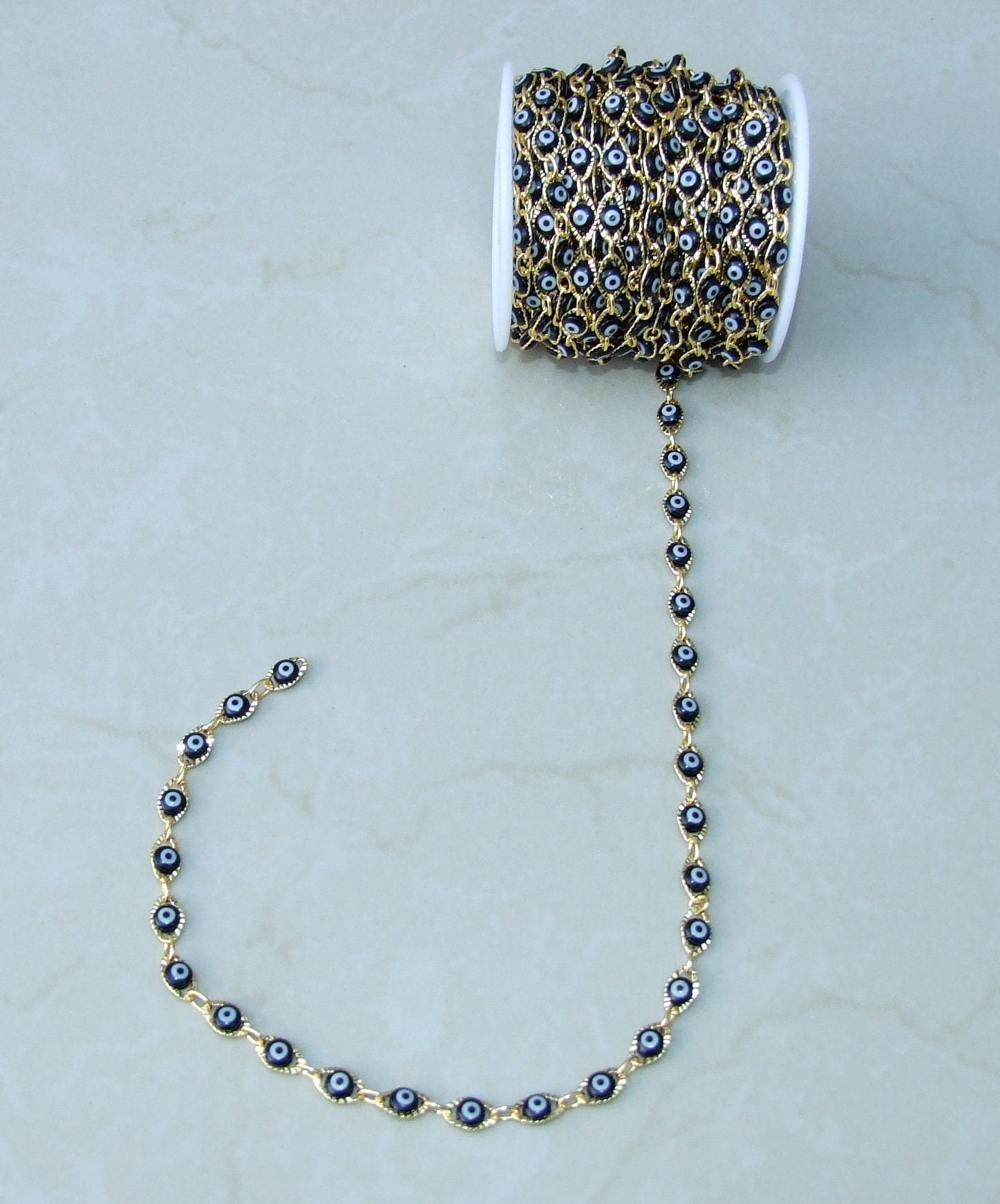 Black Glass Evil Eye Rosary Chain, Bulk Chain, Marquee Bead, Beaded Chain, Body Chain Jewelry, Gold Chain, Necklace Chain, Belly Chain - EDGBeadsandGems