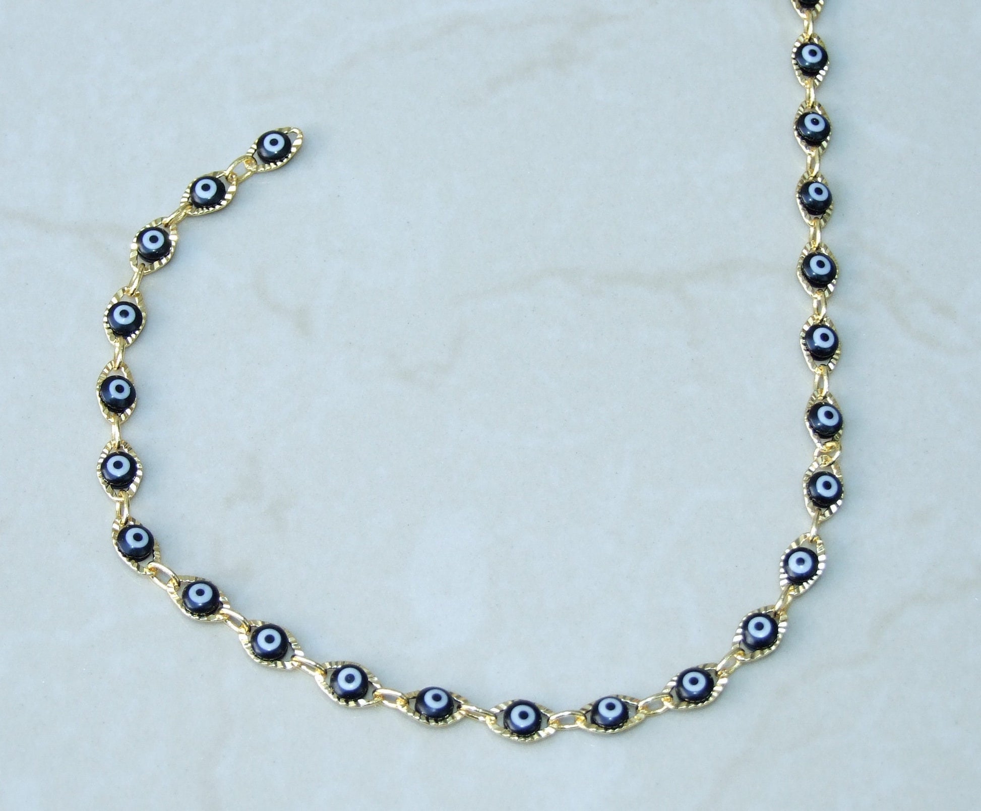 Black Glass Evil Eye Rosary Chain, Bulk Chain, Marquee Bead, Beaded Chain, Body Chain Jewelry, Gold Chain, Necklace Chain, Belly Chain - EDGBeadsandGems