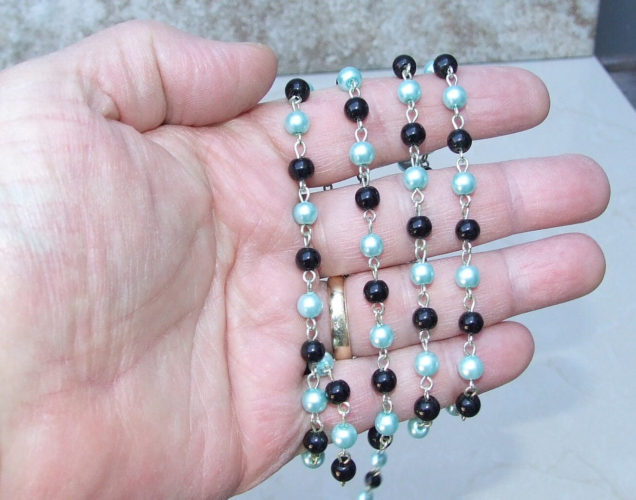 Blue & Black Pearl Rosary Chain, 1 Meter, Glass Beads, Beaded Chain, Body Chain Jewelry, Silver Chain, Necklace Chain, Belly Chain, 6mm, 401 - EDGBeadsandGems