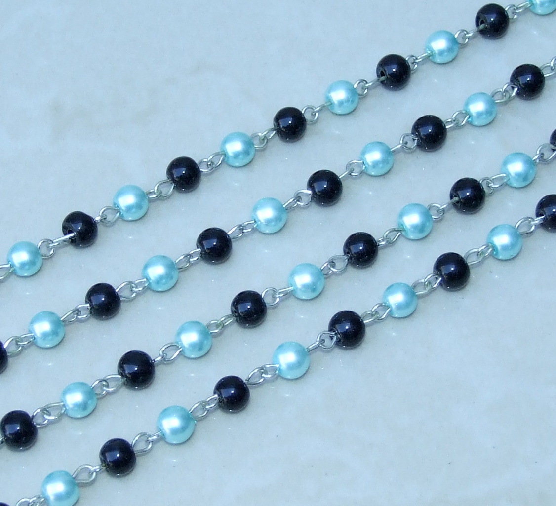 Blue & Black Pearl Rosary Chain, 1 Meter, Glass Beads, Beaded Chain, Body Chain Jewelry, Silver Chain, Necklace Chain, Belly Chain, 6mm, 401 - EDGBeadsandGems