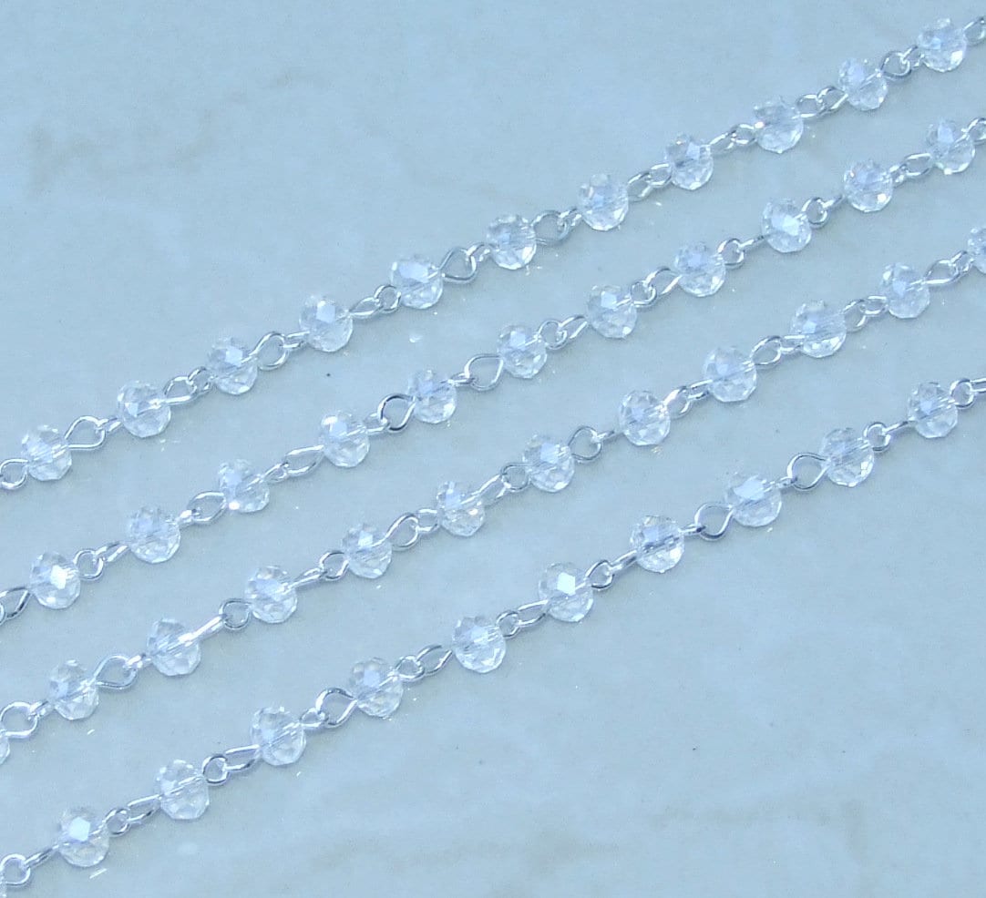 Clear Faceted Glass Bead Rosary Chain, 1 Meter, Beaded Chain, Body Chain Jewelry, Silver Chain, Necklace Chain, Belly Chain, 6mm and 8mm 01 - EDGBeadsandGems