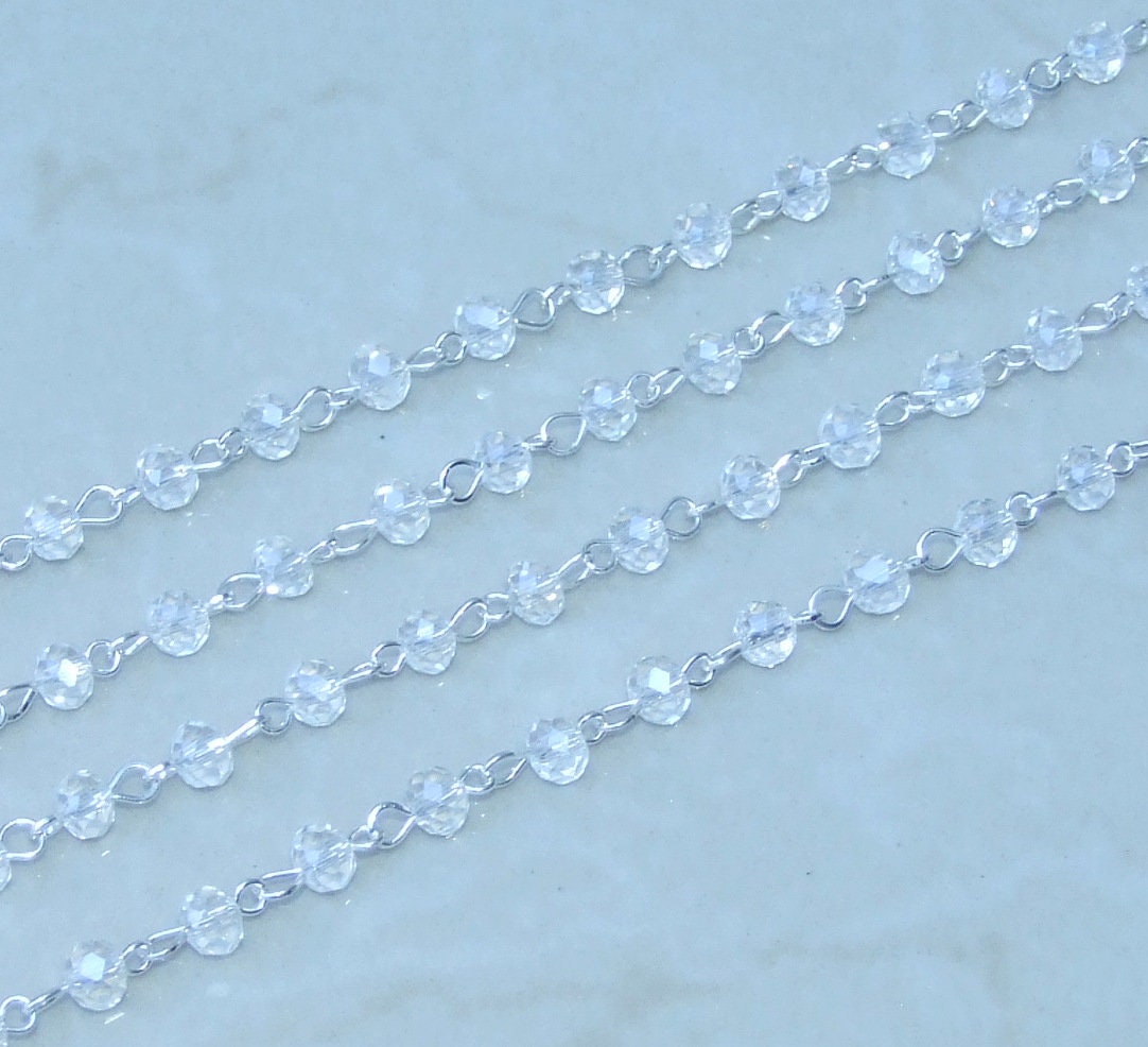 Clear Faceted Glass Bead Rosary Chain, 1 Meter, Beaded Chain, Body Chain Jewelry, Silver Chain, Necklace Chain, Belly Chain, 5mm x 6mm 01C - EDGBeadsandGems