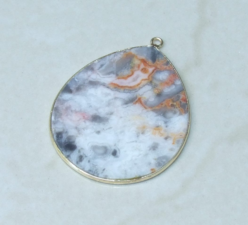 Crazy Lace Agate Pendant, Gemstone Pendant, Mexican Agate, Thin Agate Slice, Polished Agate, Teardrop, Gold Bezel, 30mm x 40mm - EDGBeadsandGems