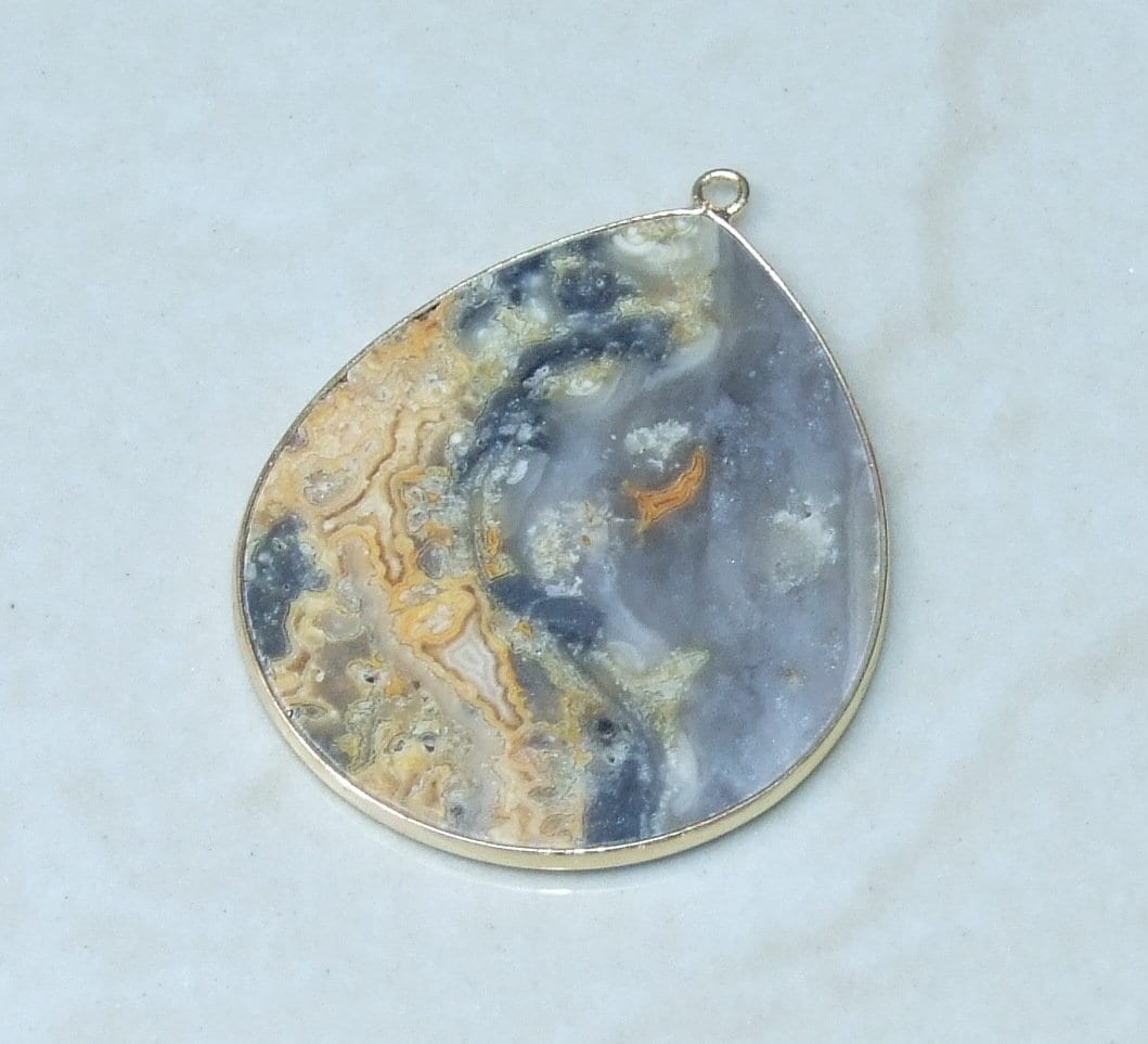 Crazy Lace Agate Pendant, Gemstone Pendant, Mexican Agate, Thin Agate Slice, Polished Agate, Teardrop, Gold Bezel, 30mm x 40mm - EDGBeadsandGems