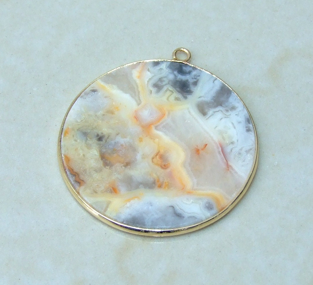 Crazy Lace Agate Pendant, Gemstone Pendant, Mexican Agate, Thin Agate Slice, Polished Agate, Round, Gold Bezel, Jewelry Stones, 30mm - EDGBeadsandGems