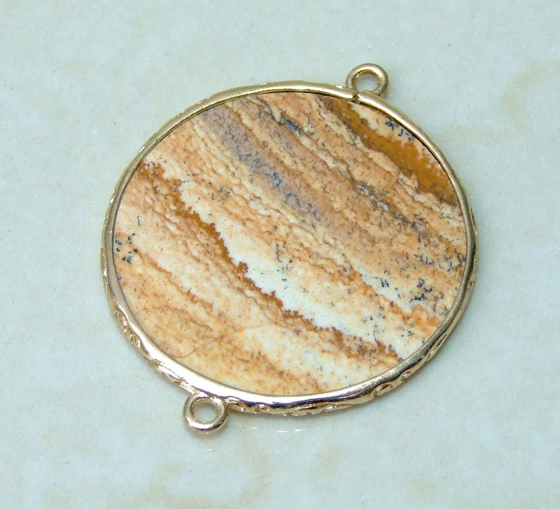 Picture Jasper Connector, Gemstone Pendant, Jasper Slice, Thin Polished Jasper, Round, Gemstone Beads, Gold Filigree Bezel - 32mm - EDGBeadsandGems
