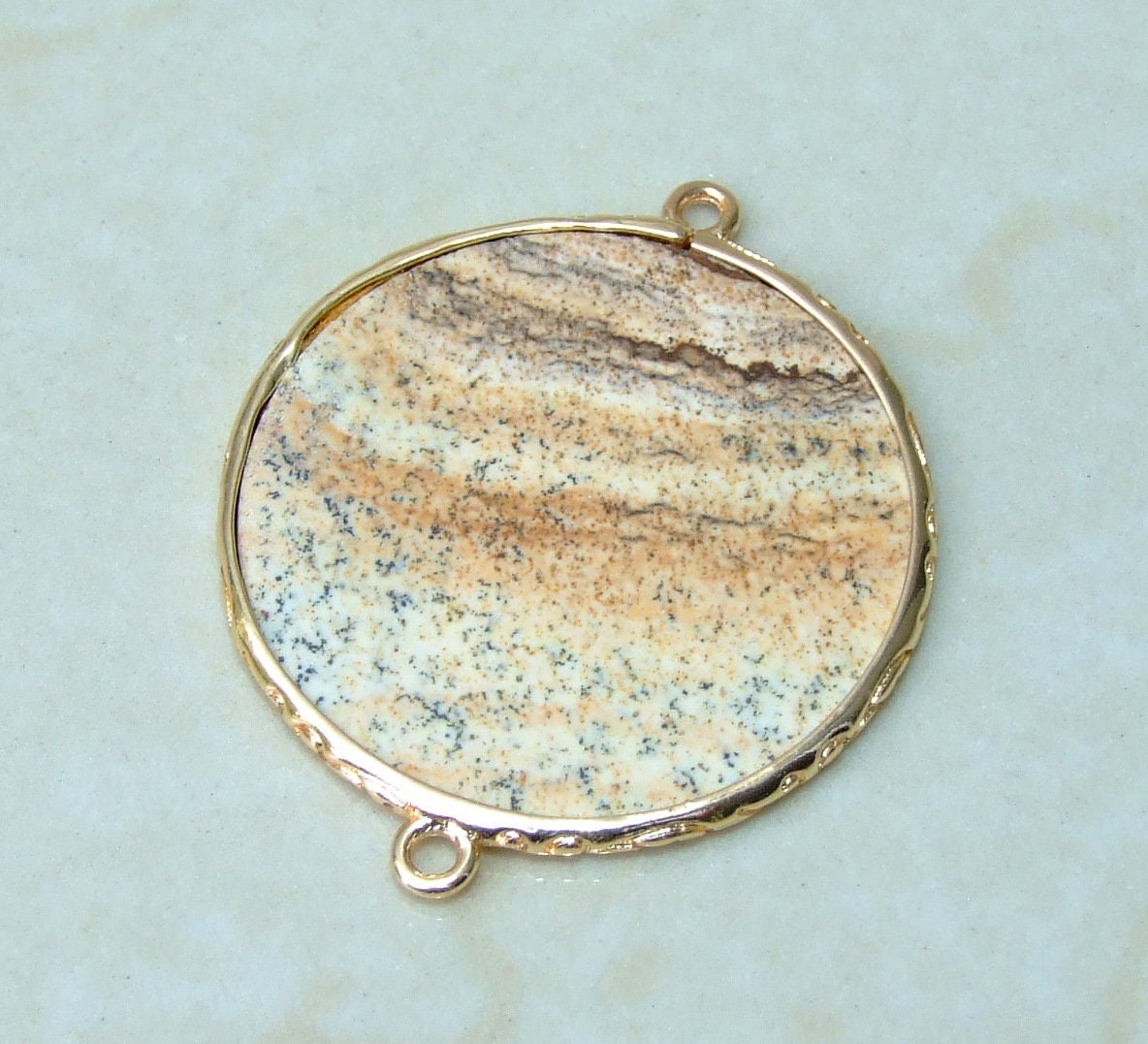 Picture Jasper Connector, Gemstone Pendant, Jasper Slice, Thin Polished Jasper, Round, Gemstone Beads, Gold Filigree Bezel - 32mm - EDGBeadsandGems