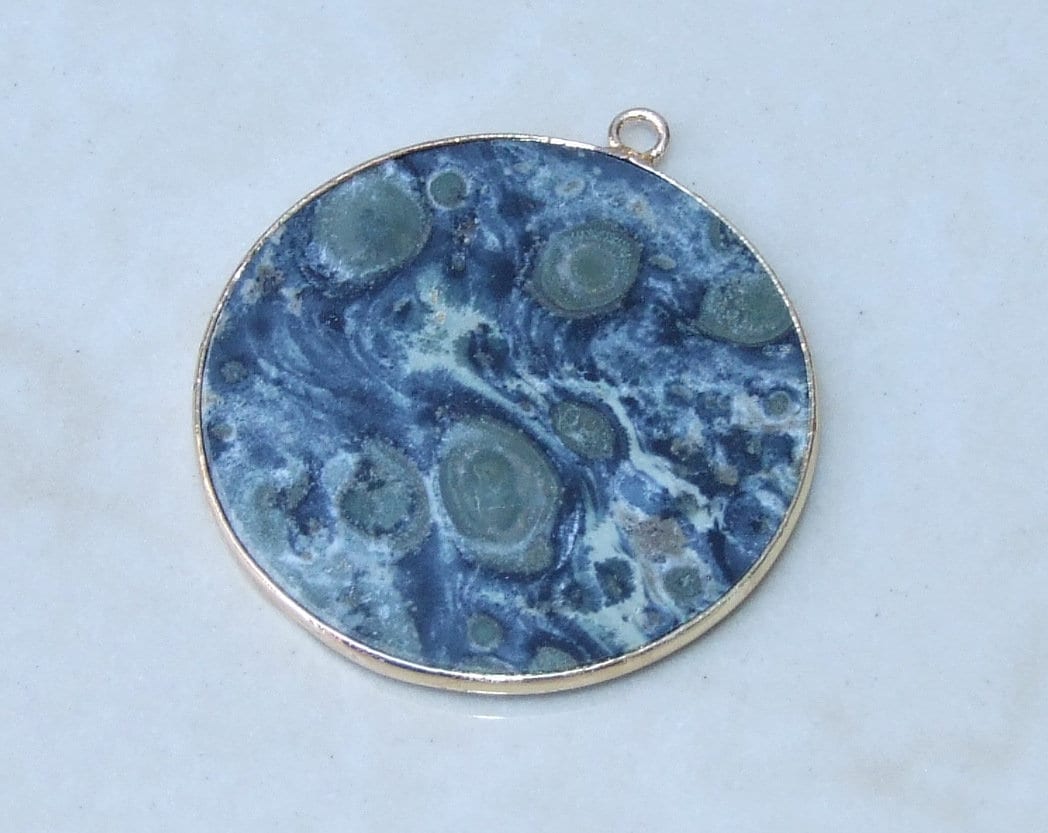 Kambaba Jasper Fossilized Algae Pendant, Gemstone Pendant, Slice, Thin, Polished, Round, Gemstone Beads, Jasper Jewelry, Gold Bezel - 30mm - EDGBeadsandGems