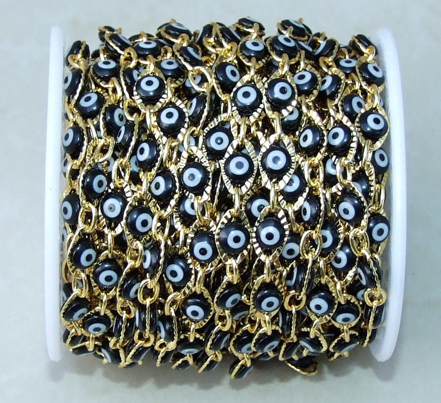 Black Glass Evil Eye Rosary Chain, Bulk Chain, Marquee Bead, Beaded Chain, Body Chain Jewelry, Gold Chain, Necklace Chain, Belly Chain - EDGBeadsandGems