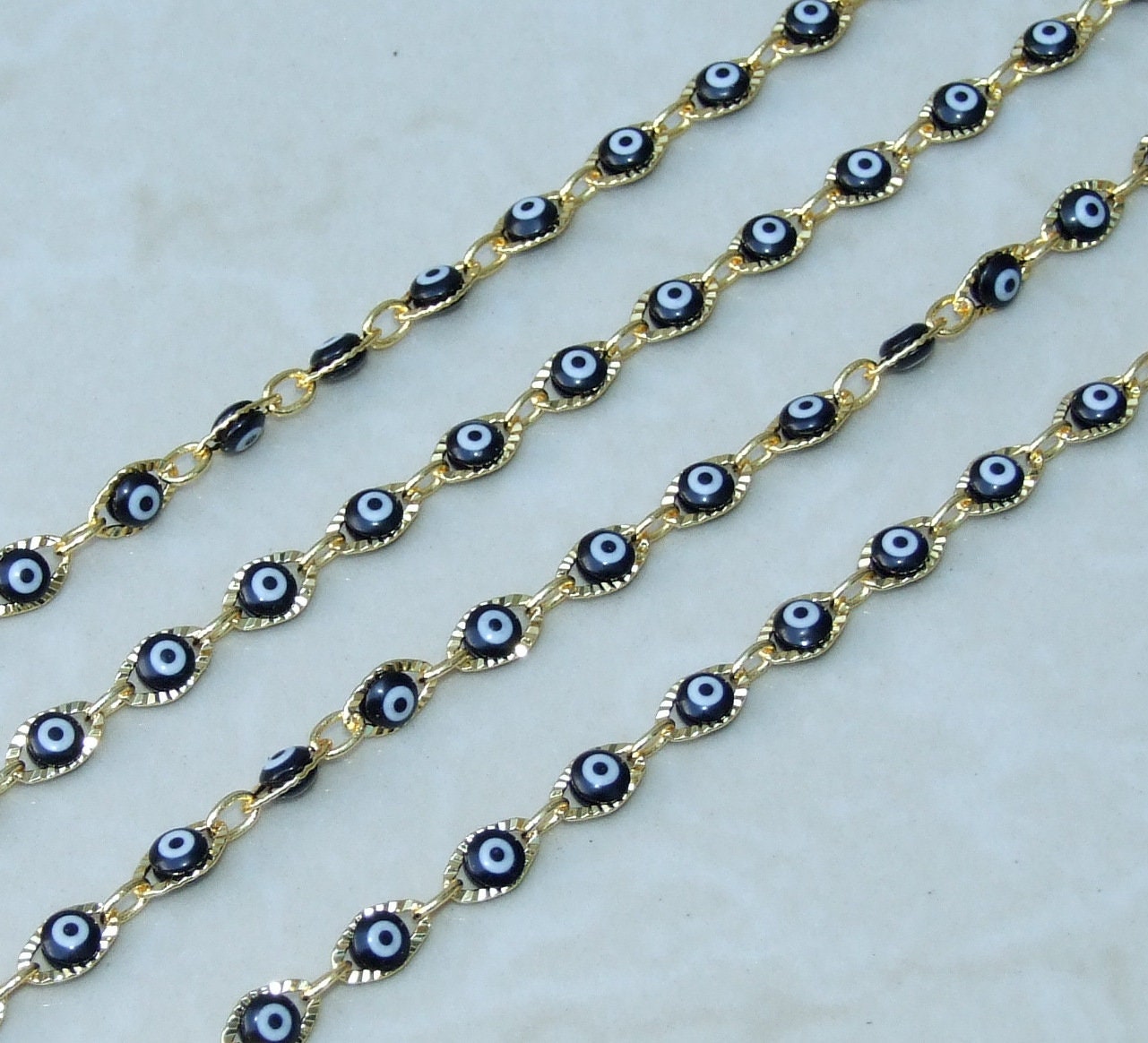 Black Glass Evil Eye Rosary Chain, Bulk Chain, Marquee Bead, Beaded Chain, Body Chain Jewelry, Gold Chain, Necklace Chain, Belly Chain - EDGBeadsandGems