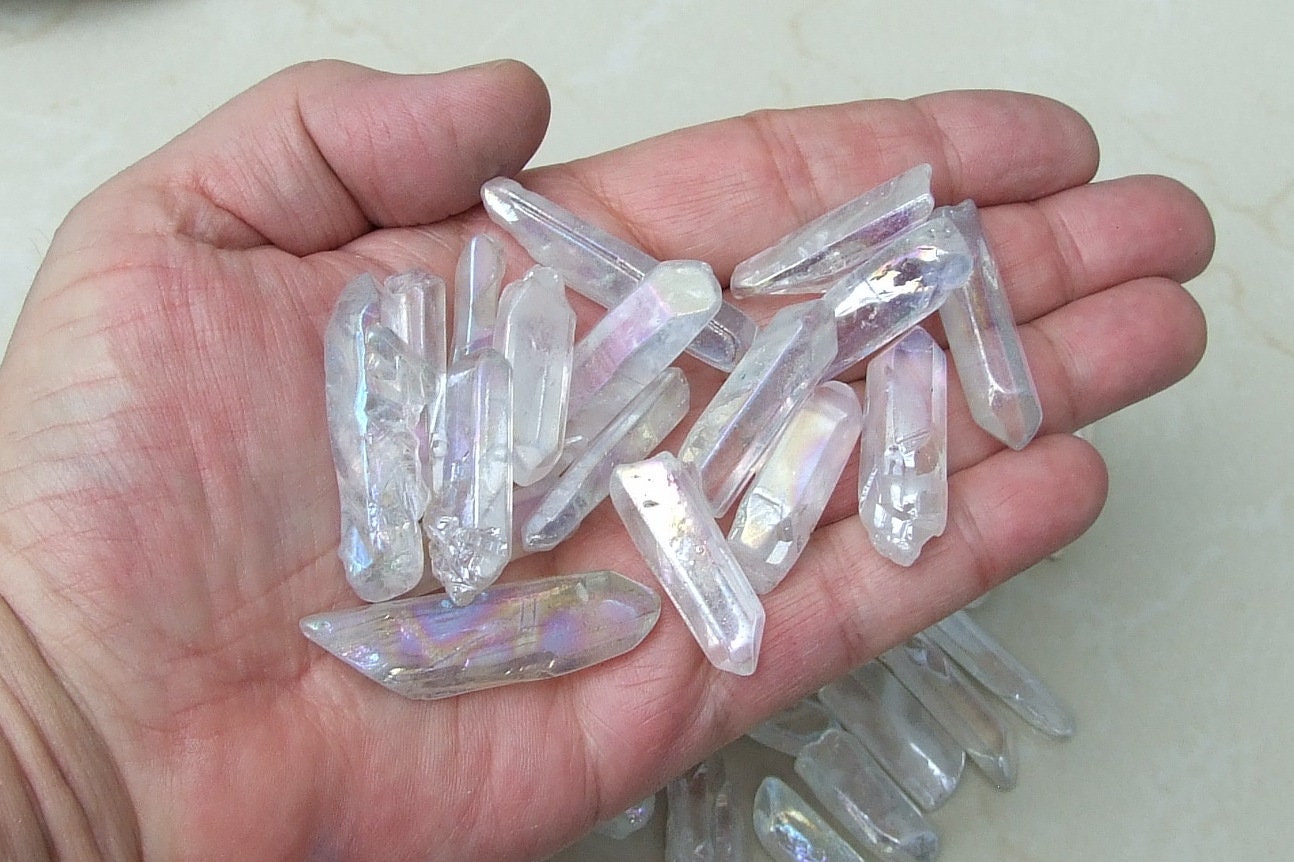 10 Large Lightly Polished Undrilled Angel Aura Quartz Crystals Points, AB Titanium Quartz, Gemstone Beads, Wand, Healing Quartz, 35-45+mm - EDGBeadsandGems