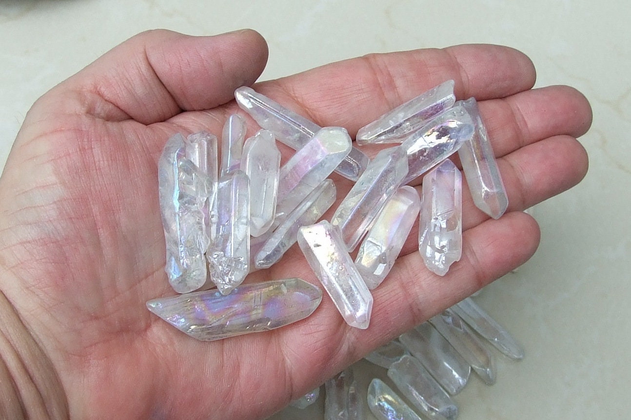 5 Large Lightly Polished Undrilled Angel Aura Quartz Crystals Points, AB Titanium Quartz, Gemstone Beads, Wand, Healing Quartz, 35-50+mm - EDGBeadsandGems
