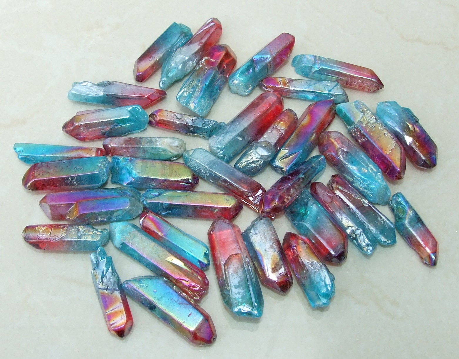 7 Lightly Polished Undrilled Angel Aura Quartz Crystals Points, Titanium Quartz, Gemstone Beads, Pendant, Wand, Healing Quartz, 35-50+mm