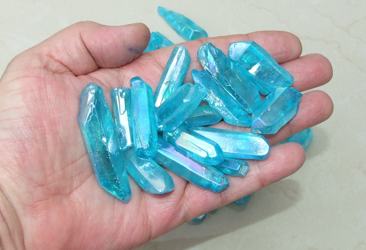 7 Lightly Polished Undrilled Angel Aura Quartz Crystals Points, Titanium Quartz, Gemstone Beads, Pendant, Wand, Healing Quartz, 30-45+mm - EDGBeadsandGems