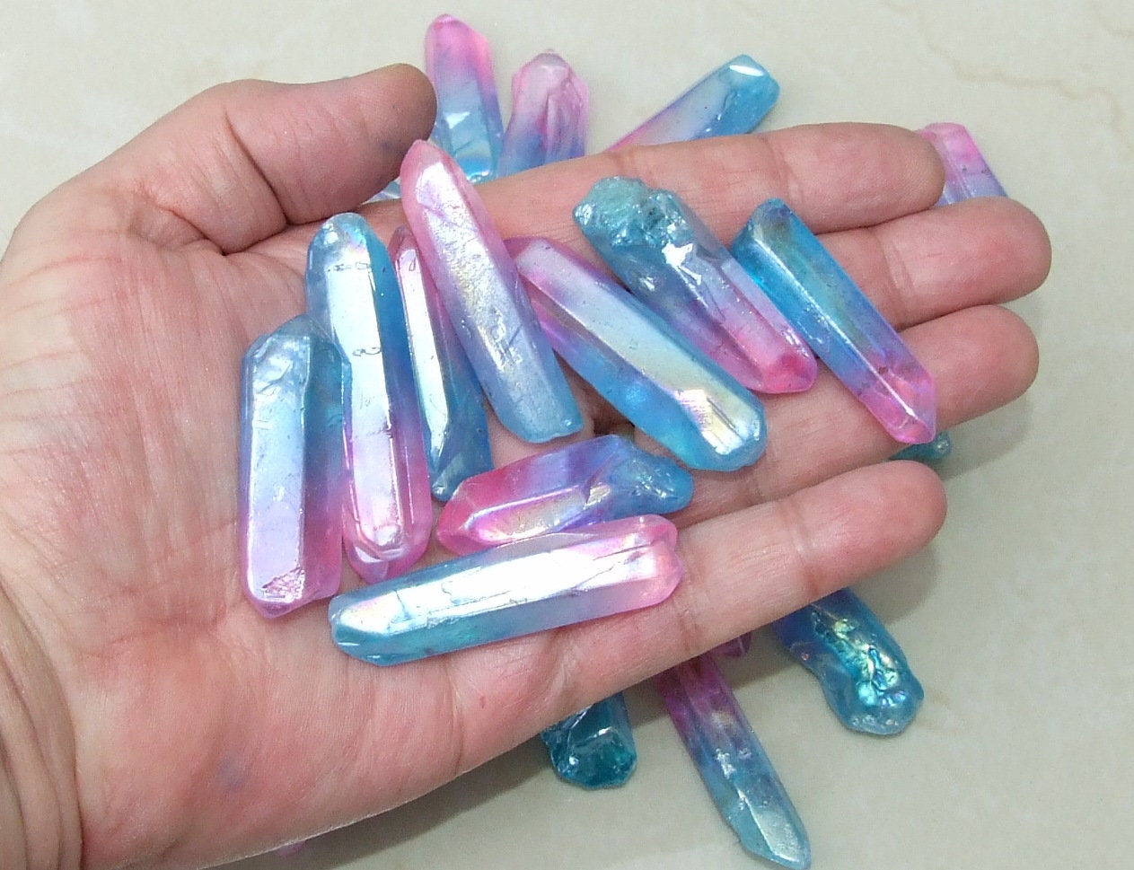 5 Lightly Polished Undrilled Angel Aura Quartz Crystals Points, Titanium Quartz, Gemstone Beads, Pendant, Wand, Healing Quartz, 35-50+mm