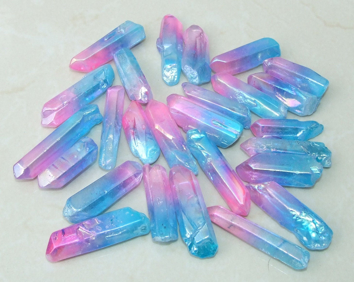 5 Lightly Polished Undrilled Angel Aura Quartz Crystals Points, Titanium Quartz, Gemstone Beads, Pendant, Wand, Healing Quartz, 35-50+mm