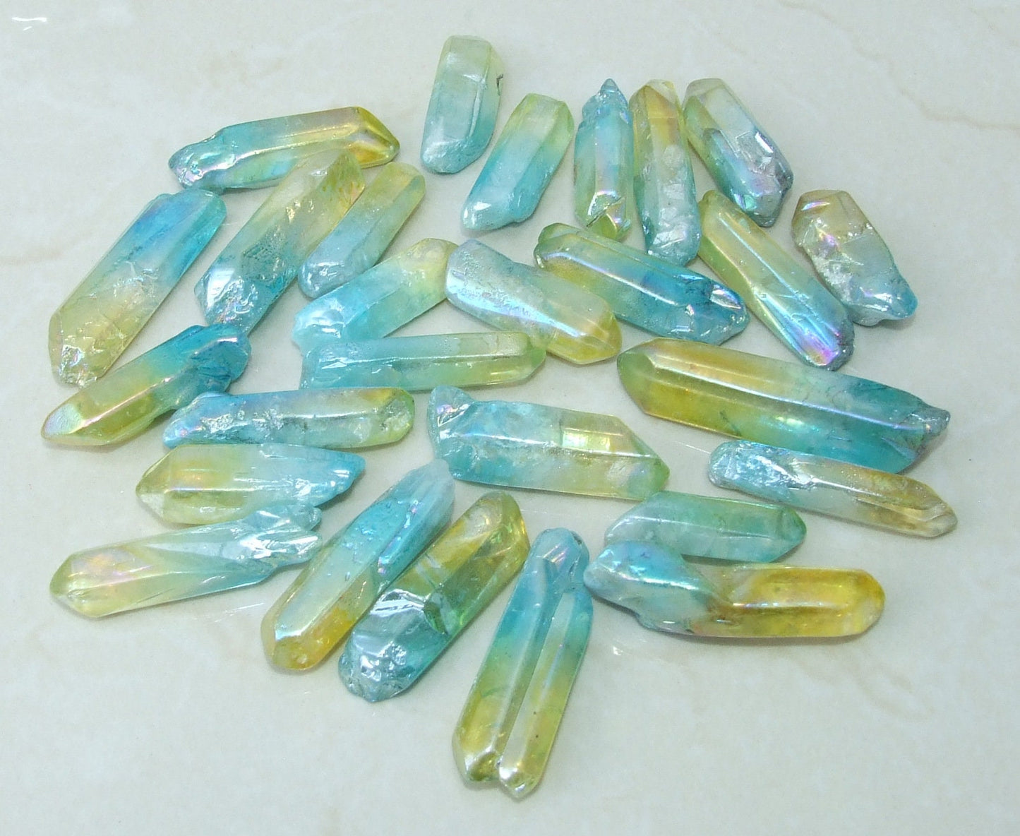 5 Lightly Polished Undrilled Angel Aura Quartz Crystals Points, Titanium Quartz, Gemstone Beads, Pendant, Wand, Healing Quartz, 35-50+mm - EDGBeadsandGems