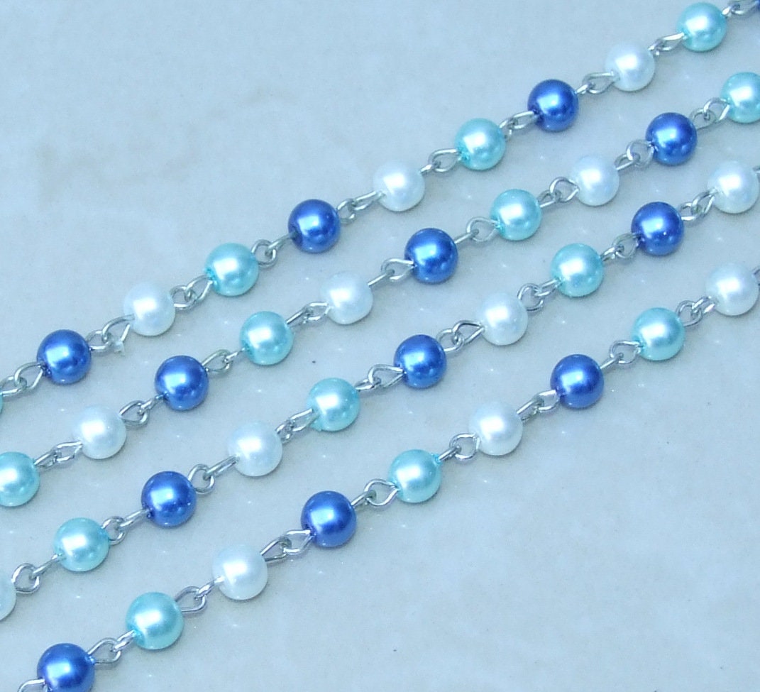 White & Blue Pearl Rosary Chain, 1 Meter, Glass Beads, Beaded Chain, Body Chain Jewelry, Silver Chain, Necklace Chain, Belly Chain, 6mm, 303 - EDGBeadsandGems