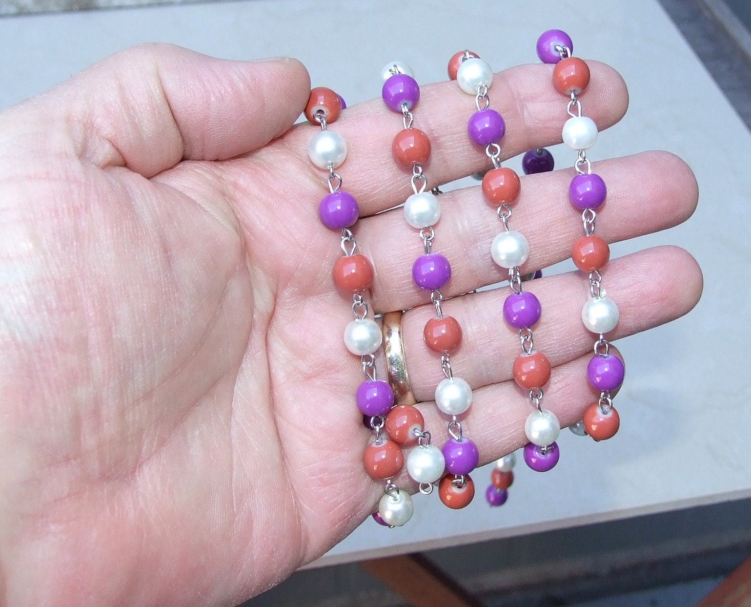White, Purple, Brown Rosary Chain, 1 Meter, Glass Beads, Beaded Chain, Body Chain Jewelry, Silver Chain, Necklace Chain, Belly Chain, 8mm501 - EDGBeadsandGems