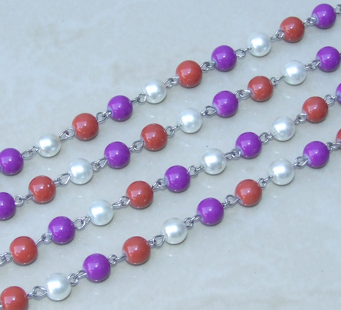 White, Purple, Brown Rosary Chain, 1 Meter, Glass Beads, Beaded Chain, Body Chain Jewelry, Silver Chain, Necklace Chain, Belly Chain, 8mm501 - EDGBeadsandGems
