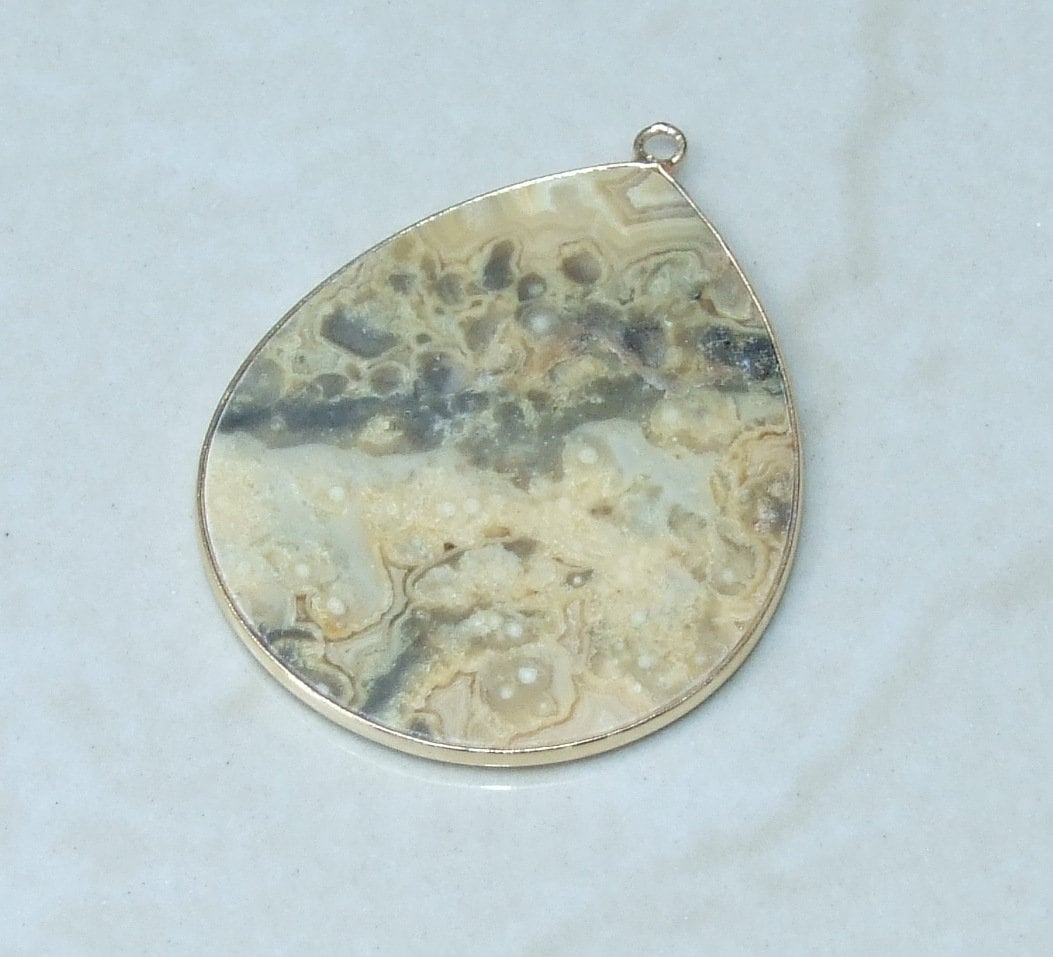 Crazy Lace Agate Pendant, Gemstone Pendant, Mexican Agate, Thin Agate Slice, Polished Agate, Teardrop, Gold Bezel, 30mm x 40mm - EDGBeadsandGems