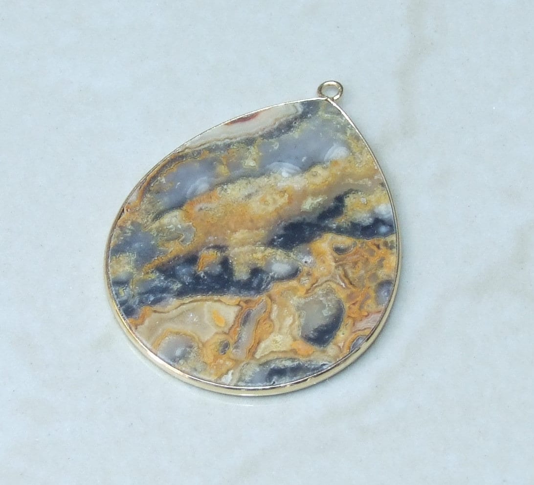 Crazy Lace Agate Pendant, Gemstone Pendant, Mexican Agate, Thin Agate Slice, Polished Agate, Teardrop, Gold Bezel, 30mm x 40mm - EDGBeadsandGems