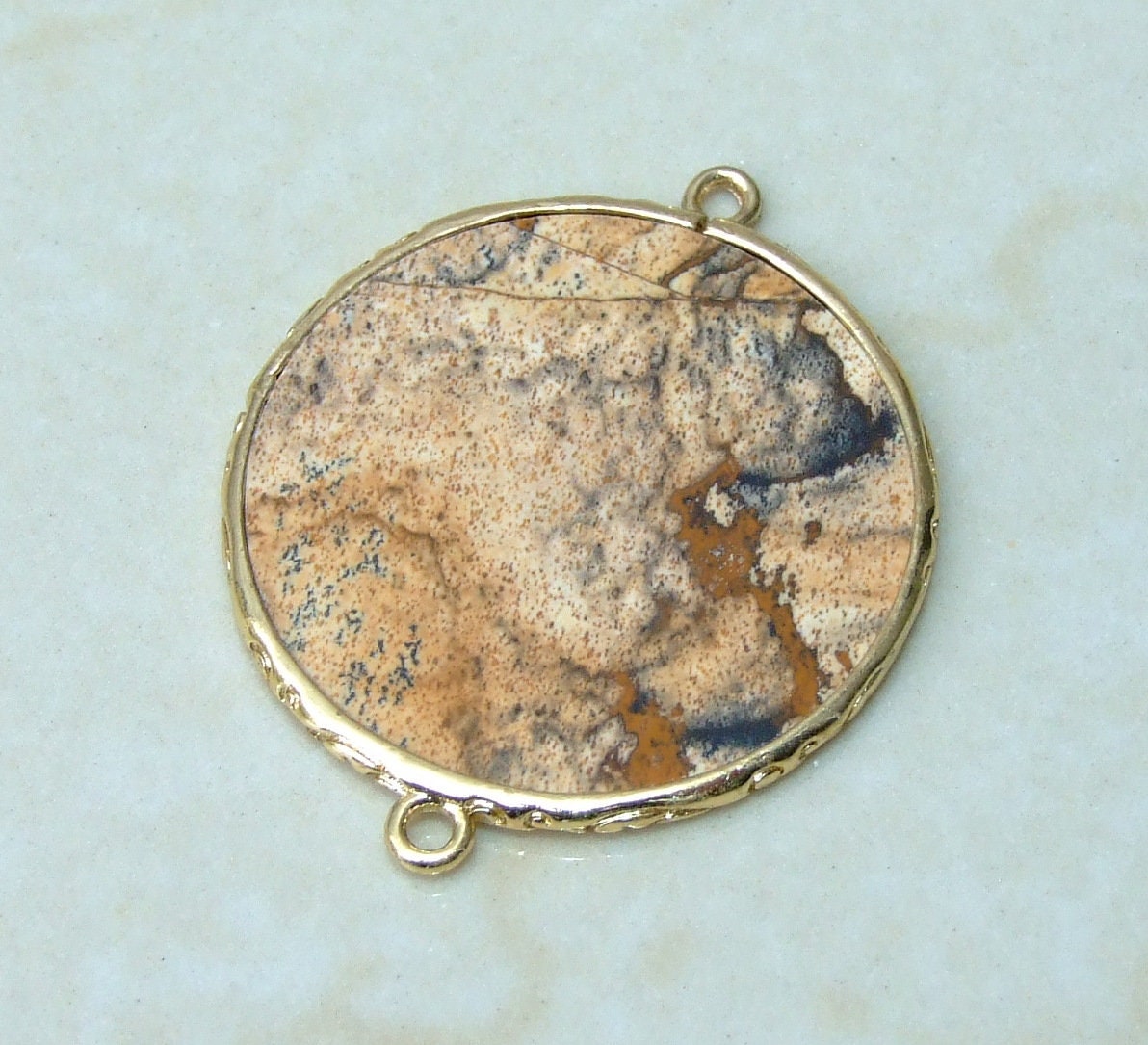 Picture Jasper Connector, Gemstone Pendant, Jasper Slice, Thin Polished Jasper, Round, Gemstone Beads, Gold Filigree Bezel - 32mm - EDGBeadsandGems