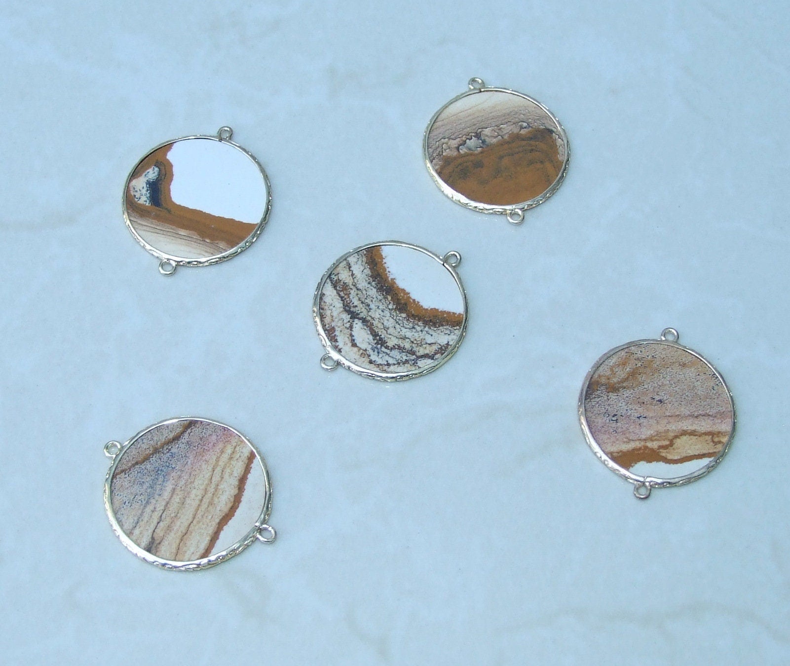 Picture Jasper Connector, Gemstone Pendant, Jasper Slice, Thin Polished Jasper, Round, Gemstone Beads, Gold Filigree Bezel - 32mm - EDGBeadsandGems