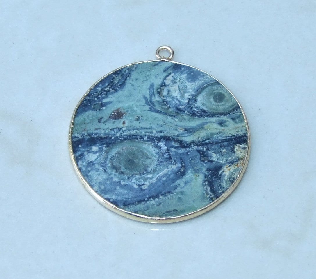 Kambaba Jasper Fossilized Algae Pendant, Gemstone Pendant, Slice, Thin, Polished, Round, Gemstone Beads, Jasper Jewelry, Gold Bezel - 30mm - EDGBeadsandGems