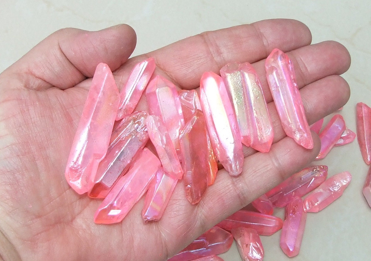 7 Pink Angel Aura Quartz Crystal Points: Titanium Coated Gemstone Wands (35-45+mm) - EDGBeadsandGems