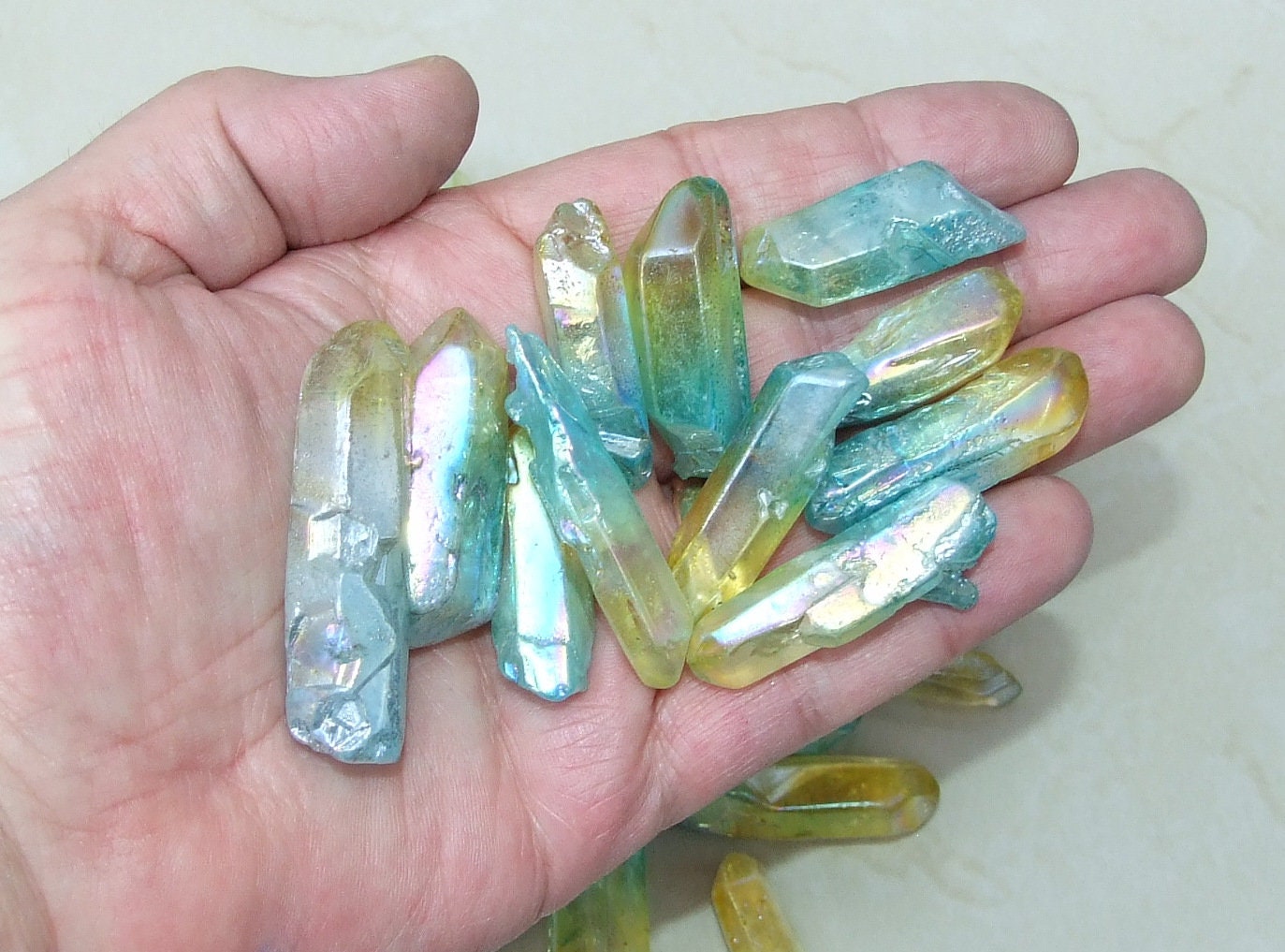 5 Angel Aura Quartz Points: Titanium Coated Crystal Wands (35-50+mm) - EDGBeadsandGems