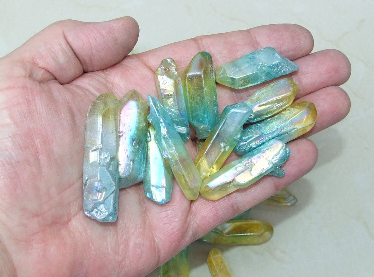 5 Angel Aura Quartz Points: Titanium Coated Crystal Wands (35-50+mm) - EDGBeadsandGems