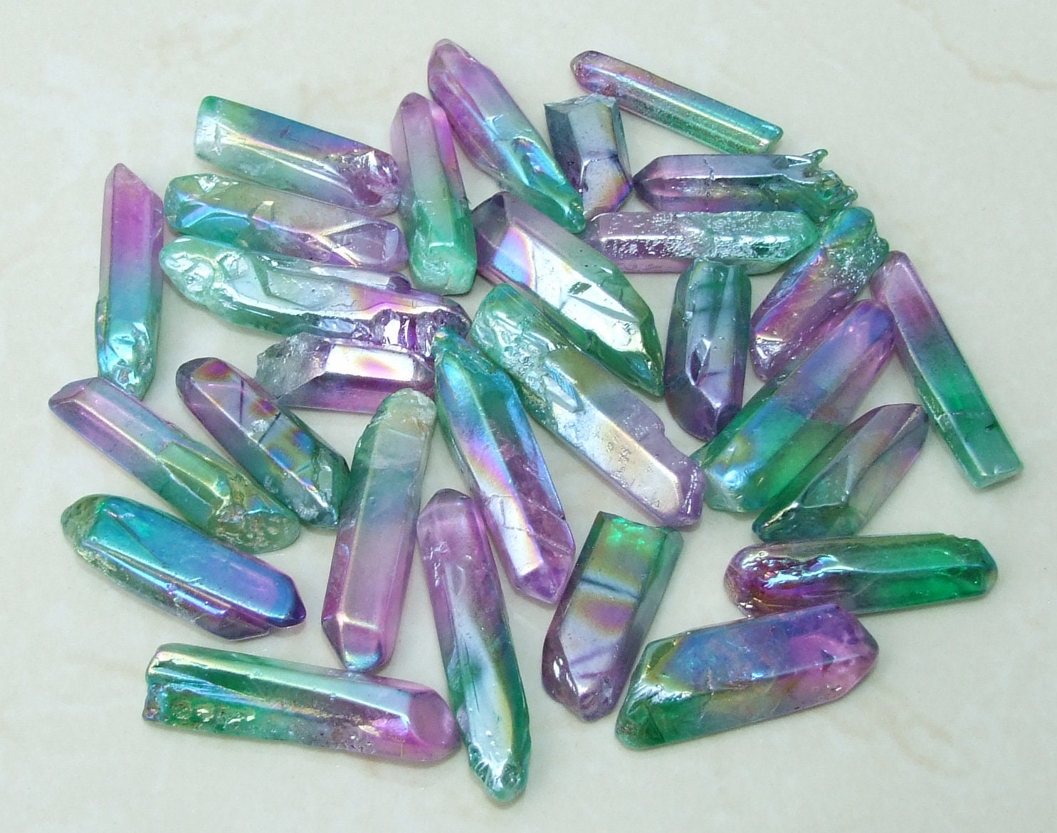 5 Lightly Polished Undrilled Angel Aura Quartz Crystals Points, Titanium Quartz, Gemstone Beads, Pendant, Wand, Healing Quartz, 35-50+mm - EDGBeadsandGems