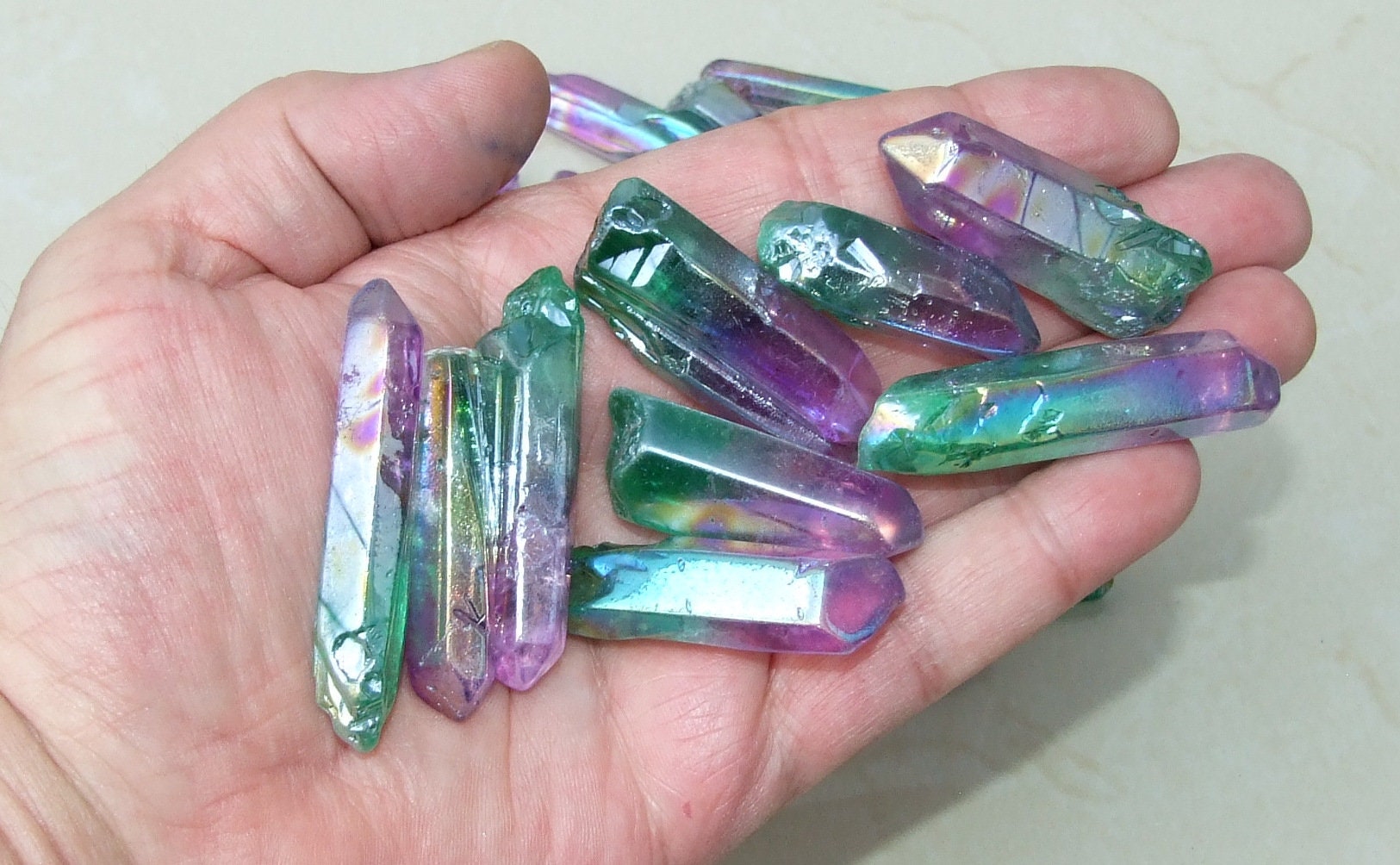 5 Lightly Polished Undrilled Angel Aura Quartz Crystals Points, Titanium Quartz, Gemstone Beads, Pendant, Wand, Healing Quartz, 35-50+mm - EDGBeadsandGems