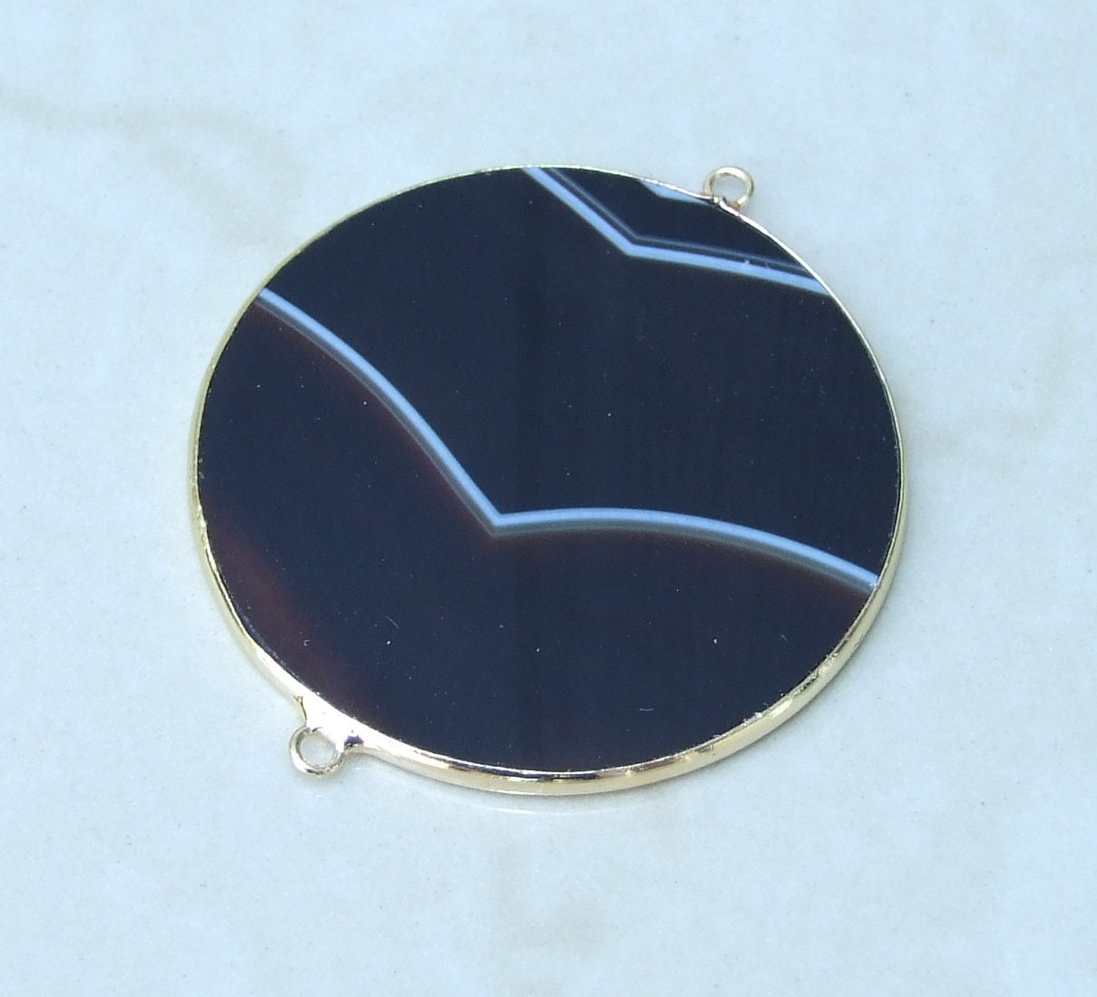 Jet Black Striped Agate Connector, Gemstone Pendant, Thin Slice Pendant, Polished, Round, Gold Bezel, Jewelry Stones, Necklace Pendant, 40mm - EDGBeadsandGems